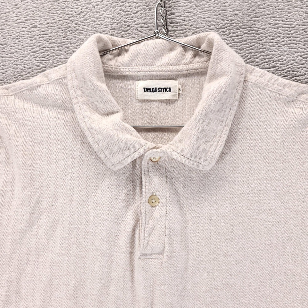 Taylor Stitch Polo Shirt Mens 42 Beige Herringbone Cotton Linen Short Sleeve